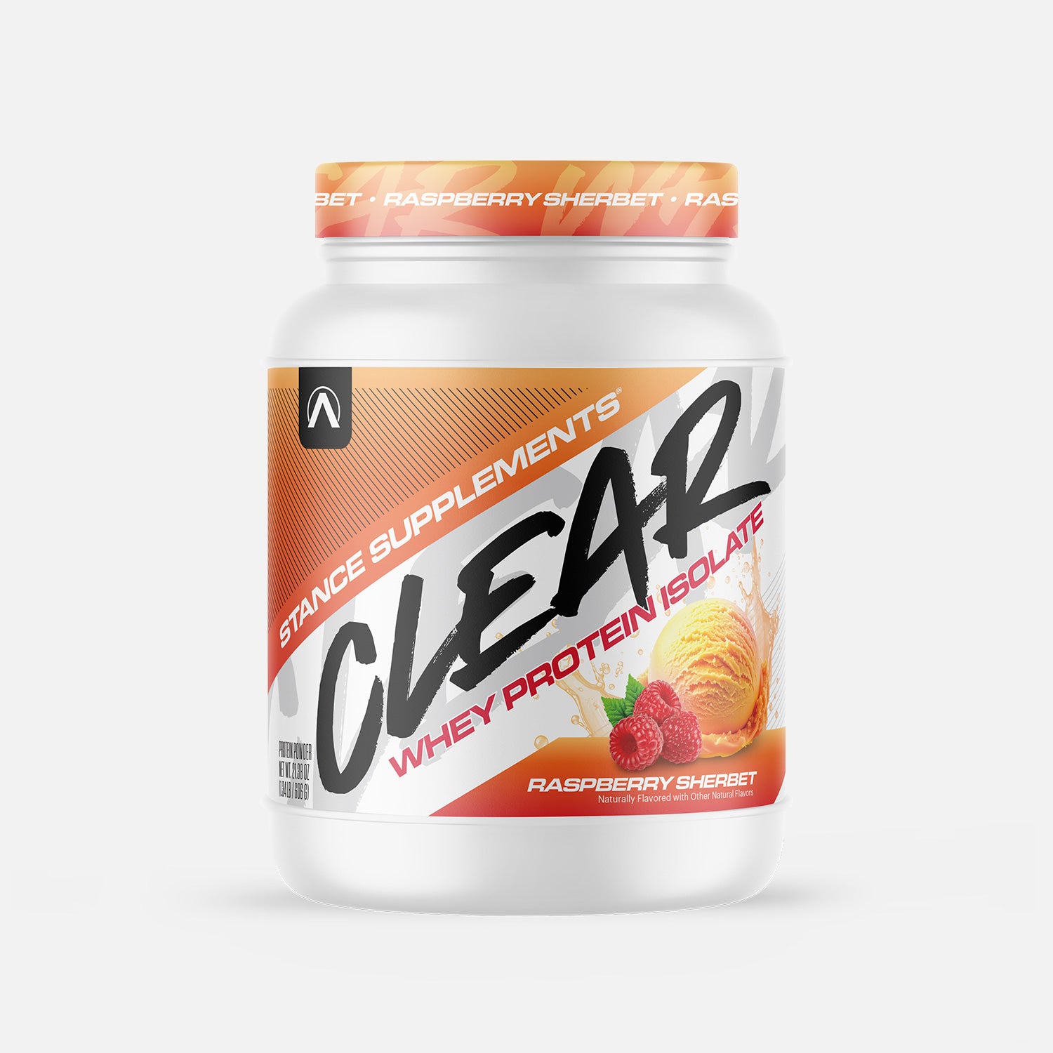 Container of Stance Supplements Clear Whey Protein Isolate in raspberry sherbet flavor on a white background