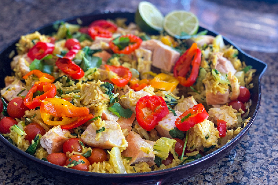 Plate served with Curried Coconut Lime Chicken and Rice